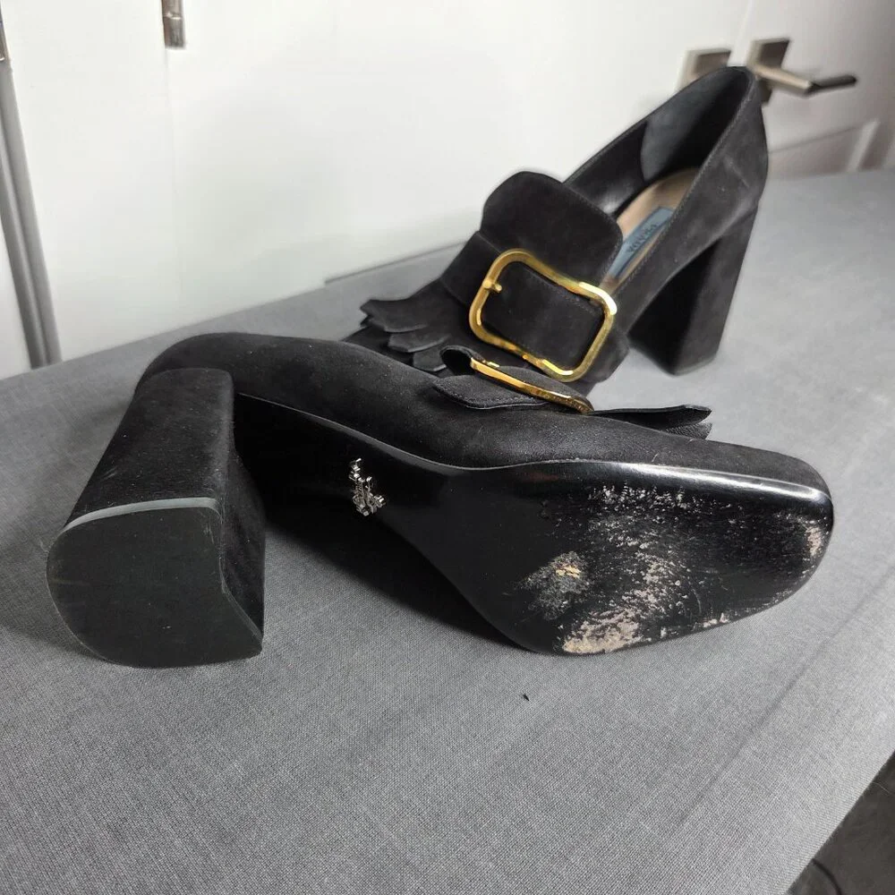 Women's Prada Black Suede Madras Fringe Buckle Slip-On with COA - EU Size 38.5 - Picture 9 of 12